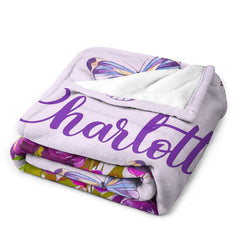 Lofaris Personalized Name Butterflies Purple Floral Blanket