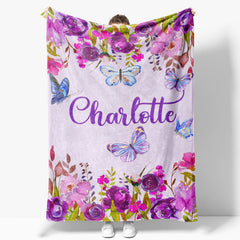 Lofaris Personalized Name Butterflies Purple Floral Blanket