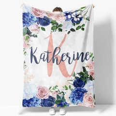 Lofaris Personalized Name Letter Blue Pink White Rose Blanket