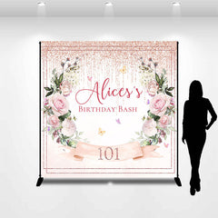 Aperturee - Personalized Pink Floral Leaves Birthday Backdrop