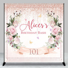 Aperturee - Personalized Pink Floral Leaves Birthday Backdrop