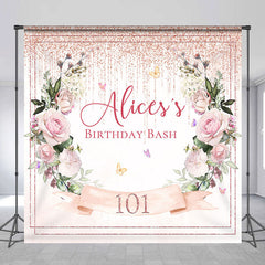 Aperturee - Personalized Pink Floral Leaves Birthday Backdrop