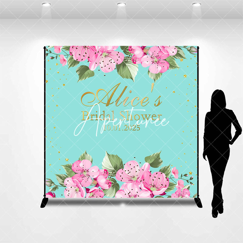 Aperturee - Personalized Pink Flowers Blue Baby Shower Backdrop