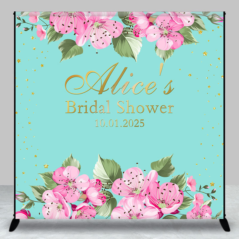 Aperturee - Personalized Pink Flowers Blue Baby Shower Backdrop