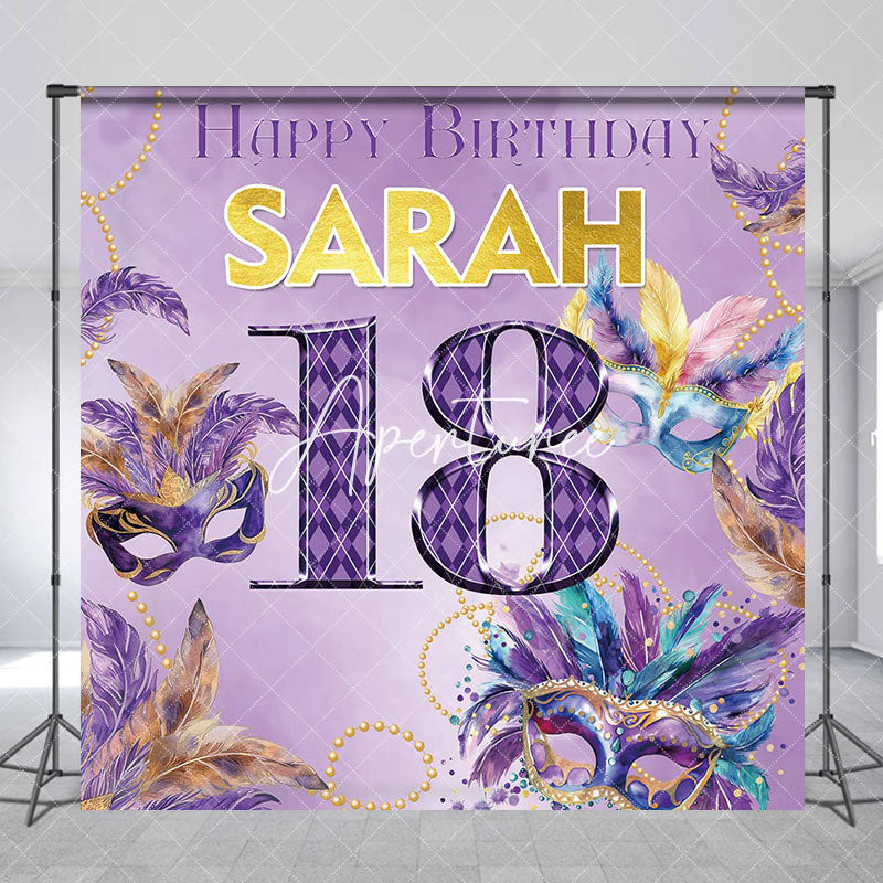 Aperturee - Personalized Purple Mask Pearl 18th Birthday Backdrop