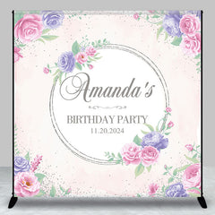 Aperturee - Personalized Purple Pink Flowers Birthday Backdrop