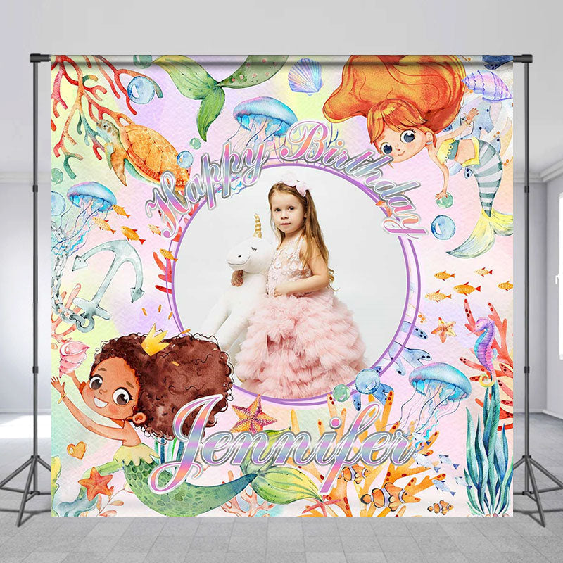 Aperturee - Personalized Sea World Mermaid Birthday Backdrop