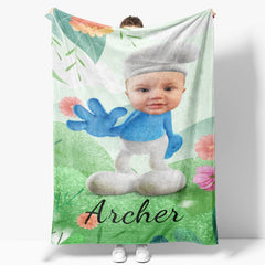 Aperturee - Personalized Smurfs Face Green Flower Soft Blanket