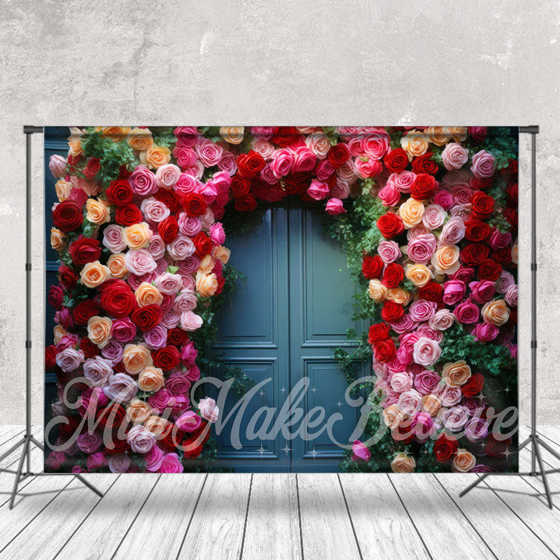 Aperturee - Pind Red Rose Green Leaves Blue Door Photo Backdrop