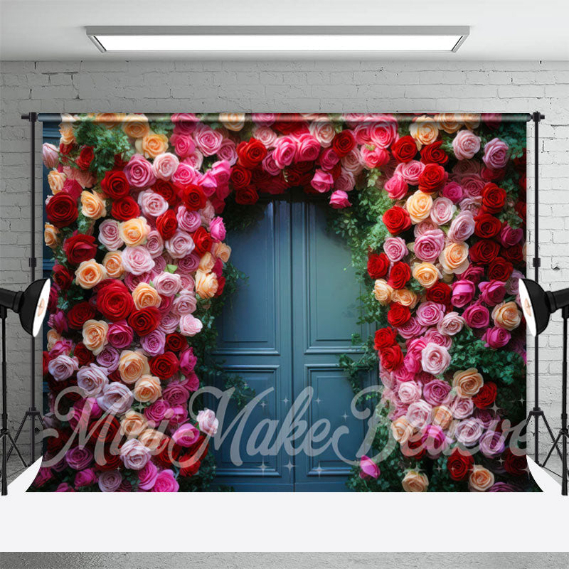 Aperturee - Pind Red Rose Green Leaves Blue Door Photo Backdrop