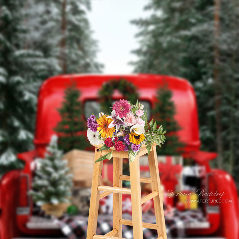 Aperturee - Pine Forest Red Truck Presents Christmas Backdrop