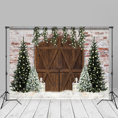 Aperturee - Pine Tree Cloud Brick Wall Wood Door Christmas Backdrop