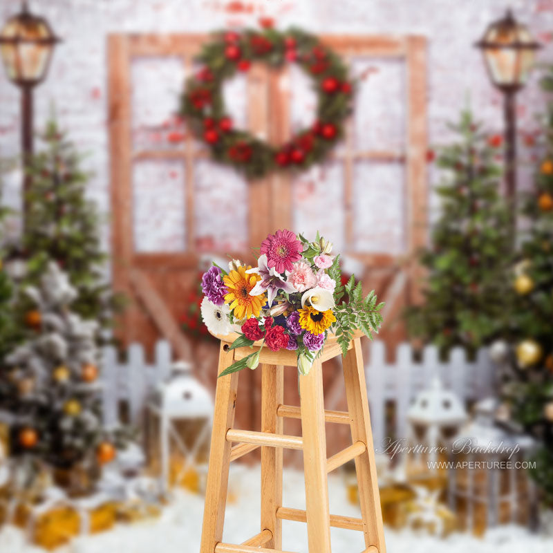 Aperturee - Pine Tree Gift Wood Door Brick Wall Christmas Backdrop