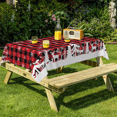 Aperturee - Pine Tree Reindeer Red Plaid Christmas Tablecloth