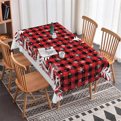 Aperturee - Pine Tree Reindeer Red Plaid Christmas Tablecloth