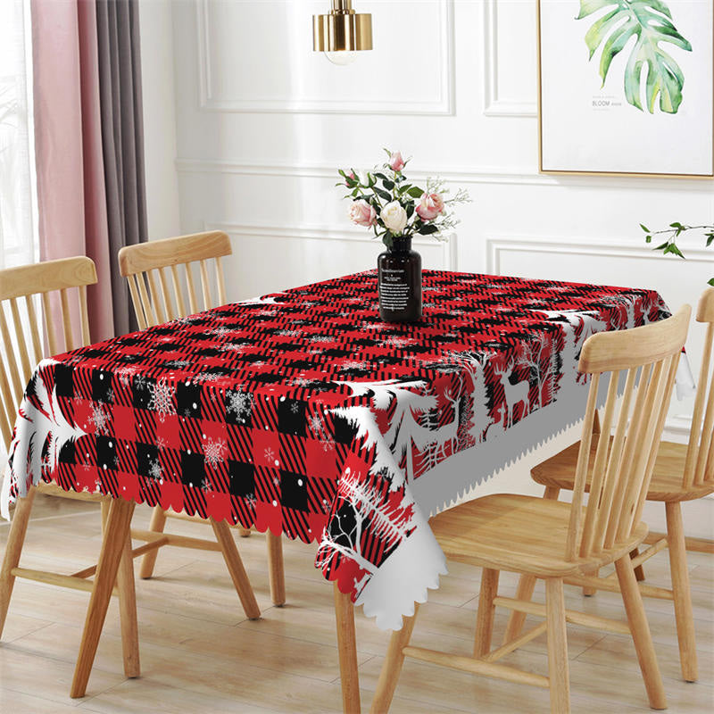 Aperturee - Pine Tree Reindeer Red Plaid Christmas Tablecloth