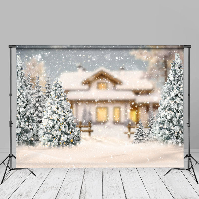 Aperturee - Pine Trees Snowy House Bokeh Merry Christmas Backdrop