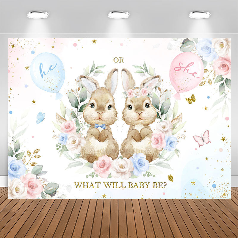 Aperturee - Pink And Blue Bunny Floral Baby Shower Backdrop