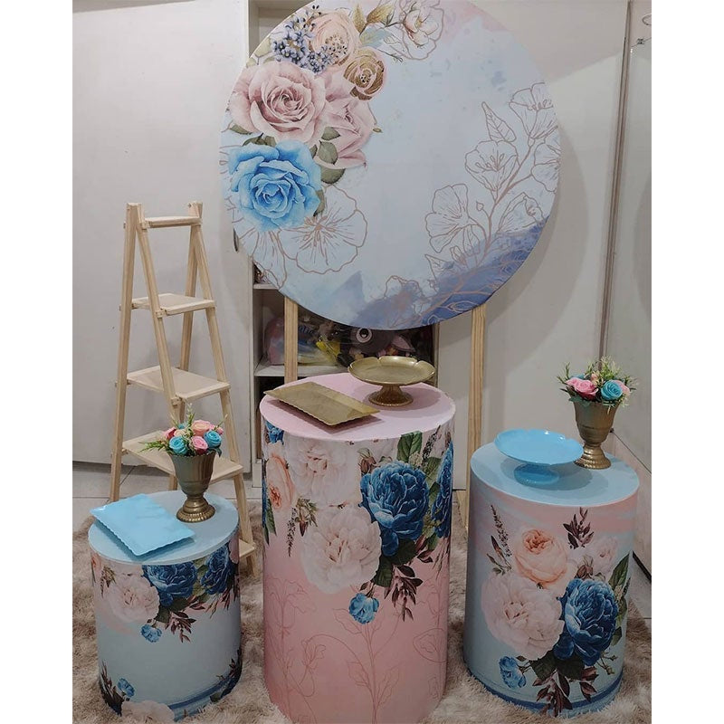 Aperturee Pink And Blue Florals Round Birthday Backdrop Kit For Girl