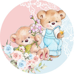 Aperturee - Pink And Blue Foral Bear Round Baby Shower Backdrop