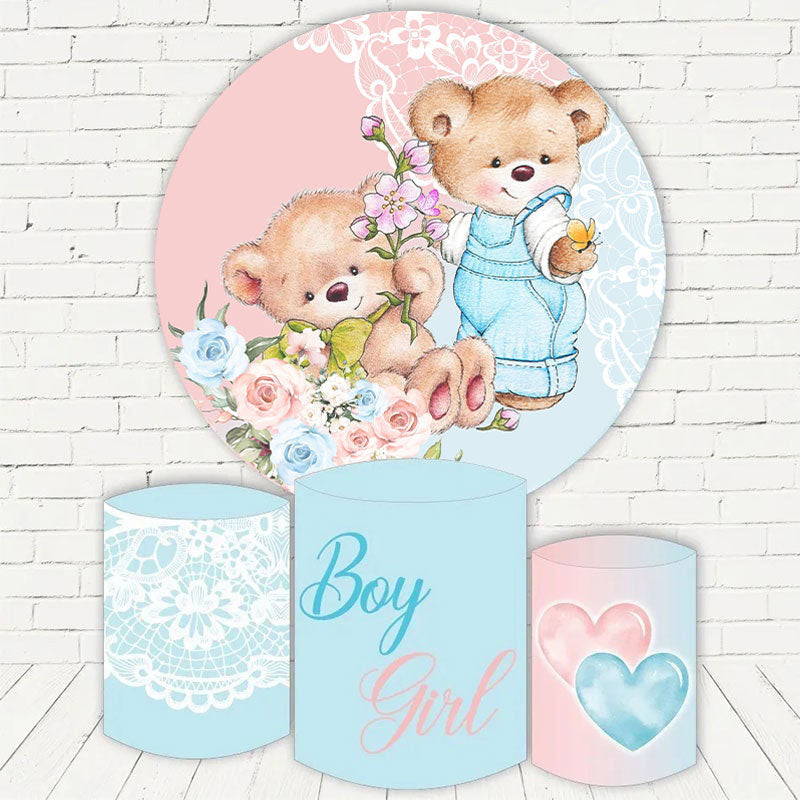 Aperturee Pink And Blue Foral Bear Round Baby Shower Backdrop