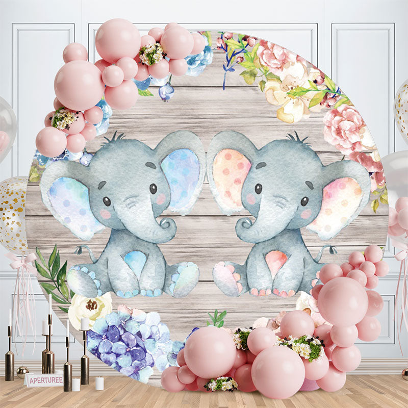 Aperturee - Pink And Blue Foral Elephant Round Baby Shower Backdrop