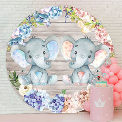 Aperturee - Pink And Blue Foral Elephant Round Baby Shower Backdrop