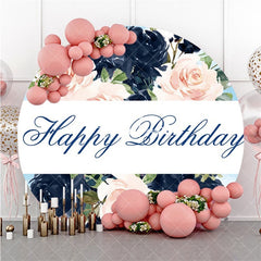 Aperturee Pink And Dark Blue Flower Round Happy Birthday Backdrop