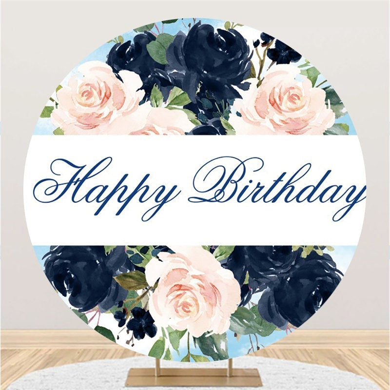 Aperturee Pink And Dark Blue Flower Round Happy Birthday Backdrop