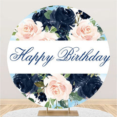 Aperturee Pink And Dark Blue Flower Round Happy Birthday Backdrop