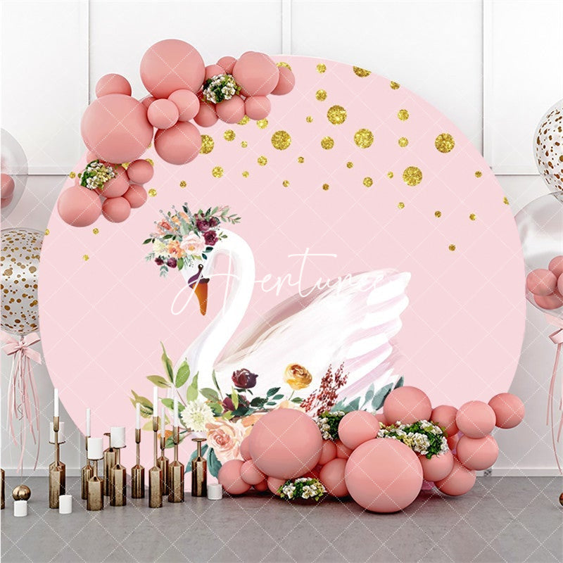 Aperturee Pink And Golden Floral Swan Themed Circle Backdrop