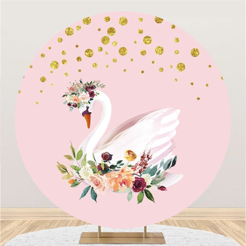 Aperturee Pink And Golden Floral Swan Themed Circle Backdrop