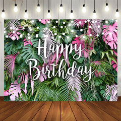 Aperturee - Pink and Green Tropical Leaves Happy Birthday Backdrop