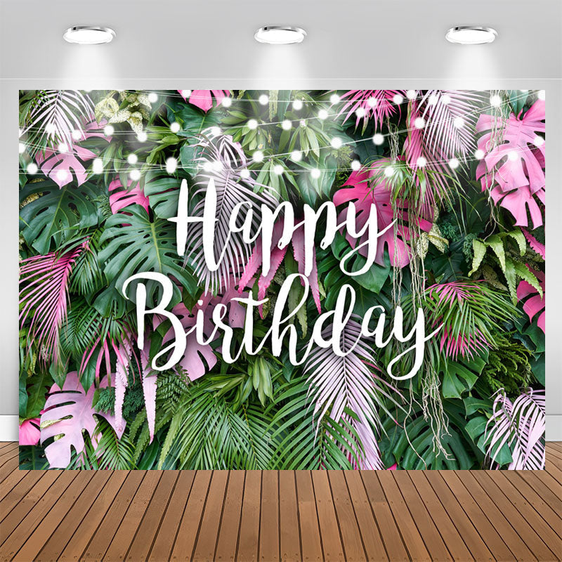 Aperturee - Pink and Green Tropical Leaves Happy Birthday Backdrop