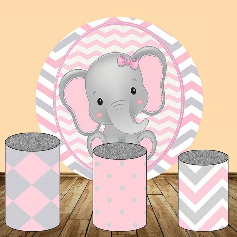 Aperturee Pink And Grey Elephant Round Girls Birthday Backdorp Kit