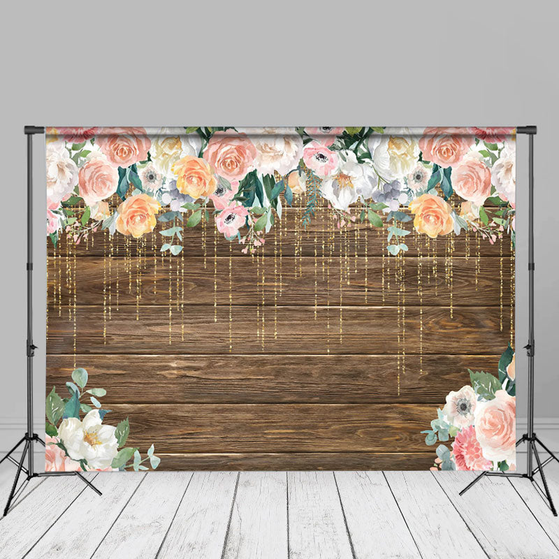 Aperturee - Pink And White Floral Brown Wooden Backdrop For Photo