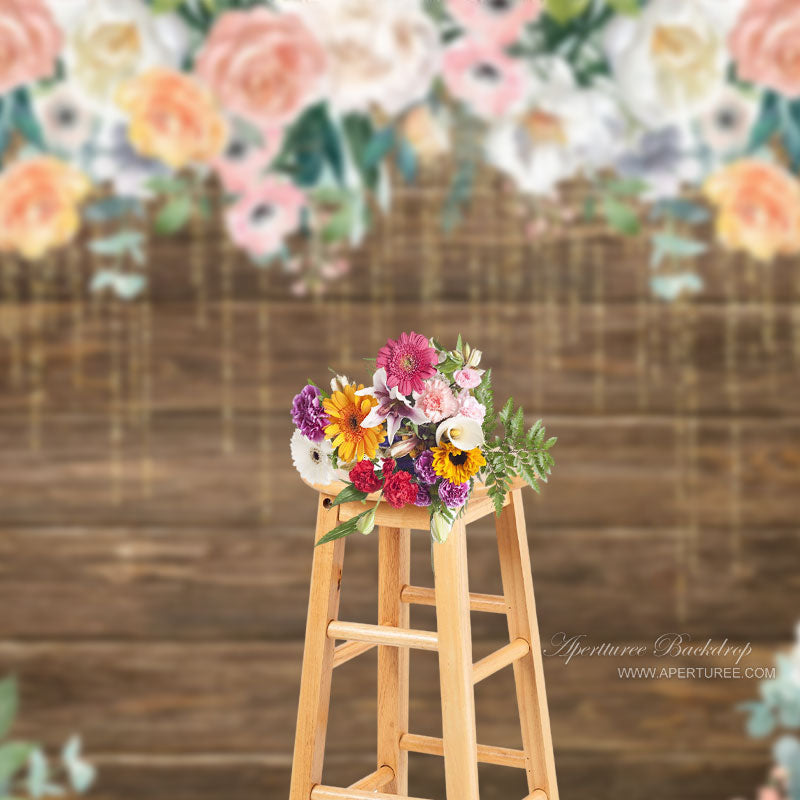 Aperturee - Pink And White Floral Brown Wooden Backdrop For Photo