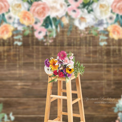 Aperturee - Pink And White Floral Brown Wooden Backdrop For Photo