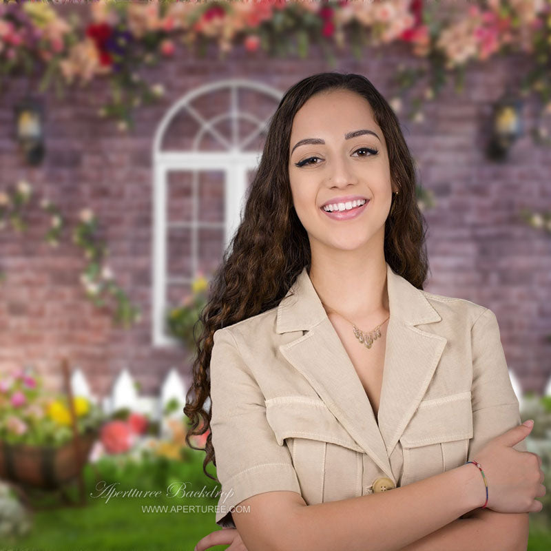 Aperturee - Pink And White Floral Garden Red Brick Photo Backdrop