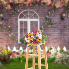 Aperturee - Pink And White Floral Garden Red Brick Photo Backdrop