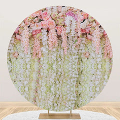 Aperturee - Pink And White Floral Tassel Round Wedding Backdrop