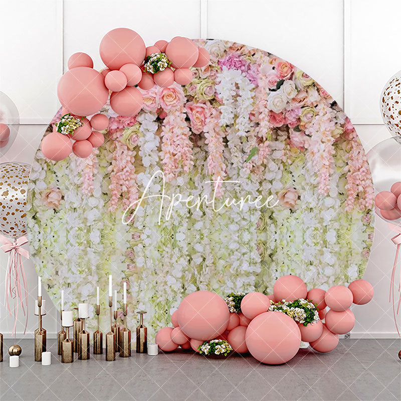 Aperturee - Pink And White Floral Tassel Round Wedding Backdrop