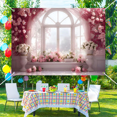 Aperturee - Pink And White Floral Window Warm Sunshine Backdrop