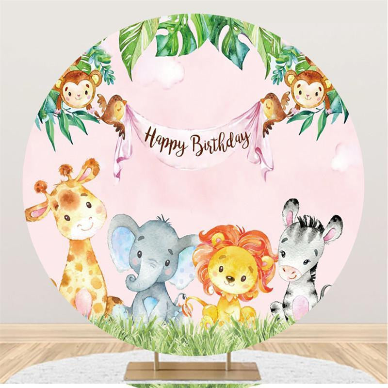 Aperturee Pink Animals And Green Leave Round Birthday Backdrop