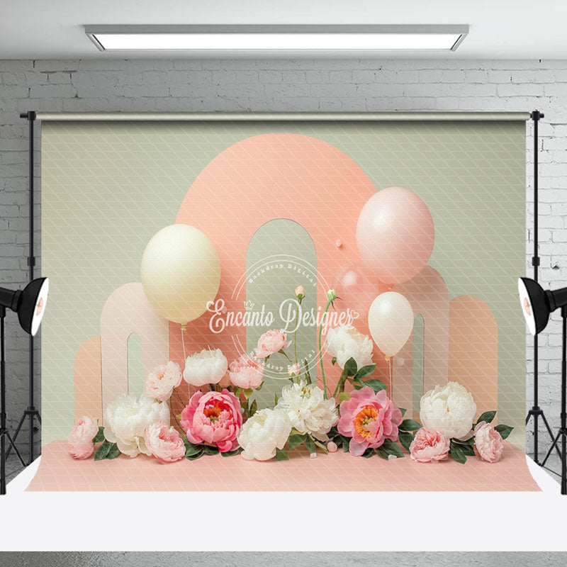 Aperturee - Pink Arch Balloons Floral Cake Smash Photo Backdrop