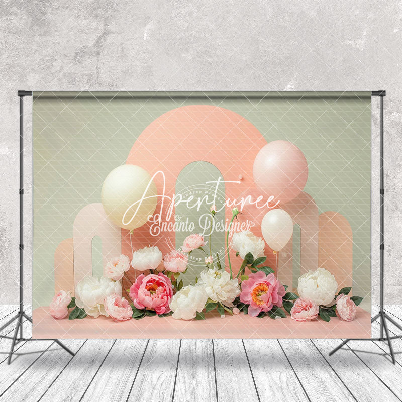 Aperturee - Pink Arch Balloons Floral Cake Smash Photo Backdrop