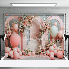 Aperturee - Pink Arch Balloons Floral Spring Cake Smash Backdrop