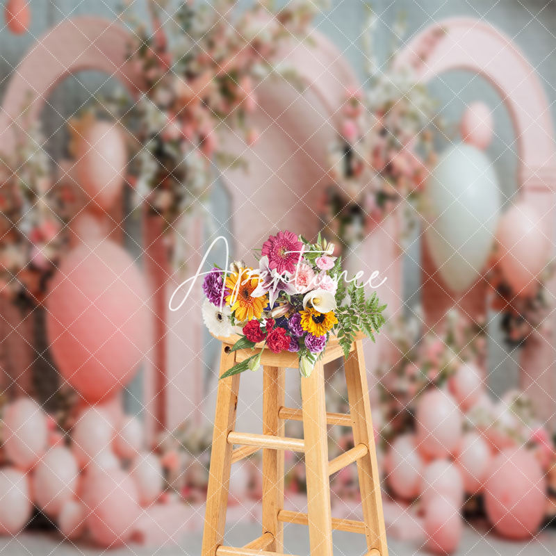 Aperturee - Pink Arch Balloons Floral Spring Cake Smash Backdrop