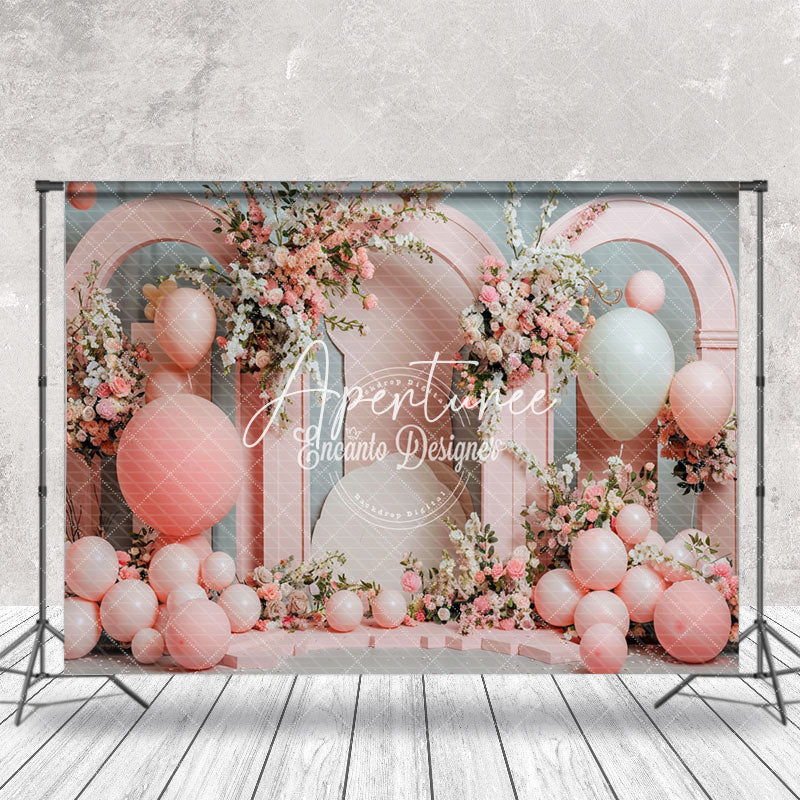 Aperturee - Pink Arch Balloons Floral Spring Cake Smash Backdrop