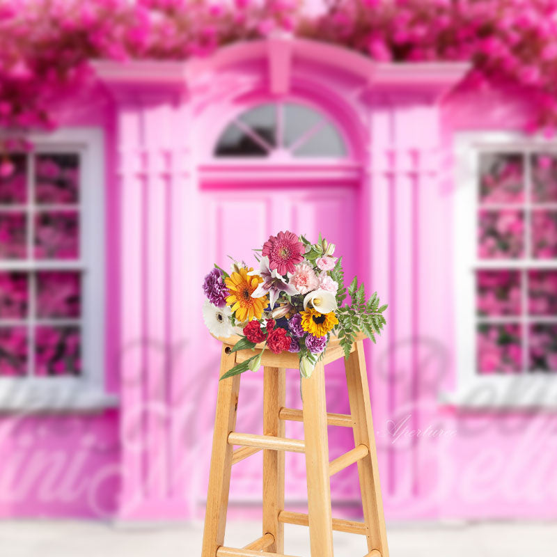 Aperturee - Pink Arched Door Floral Backdrop For Photography